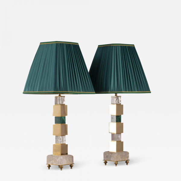 Pair of handmade brass and rock crystal lamps designed by Alexandre Vossion