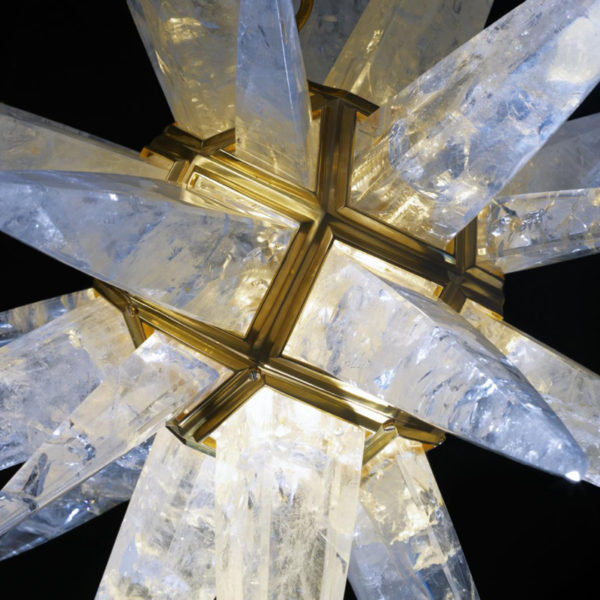 Pendant lamp in gilded bronze and rock crystal signed Alexandre Vossion, artist designer of exceptional lighting