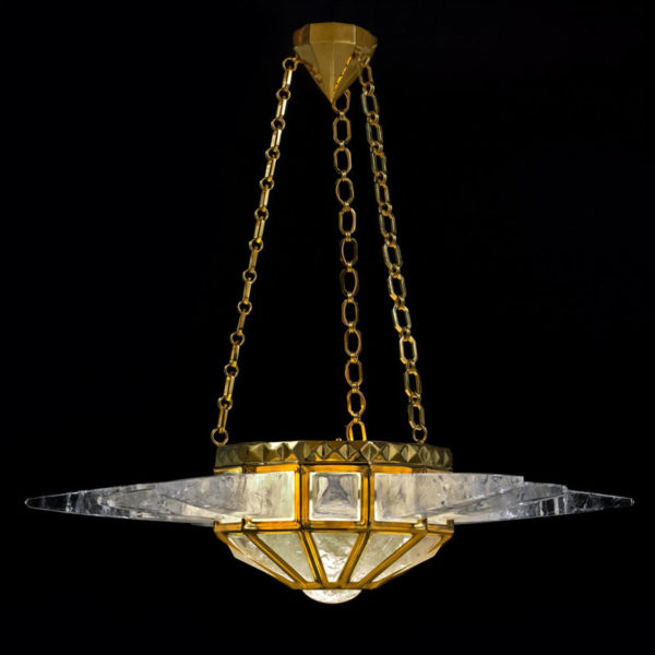 Pendant lamp in gilded bronze and rock crystal signed Alexandre Vossion, artist designer of exceptional lighting