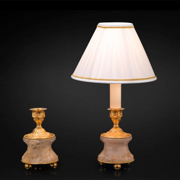 Pair of handmade brass and rock crystal lamps designed by Alexandre Vossion