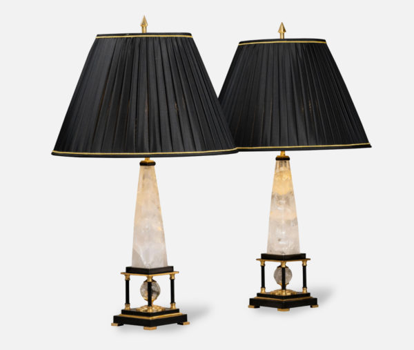 Pair of handmade brass and rock crystal lamps designed by Alexandre Vossion