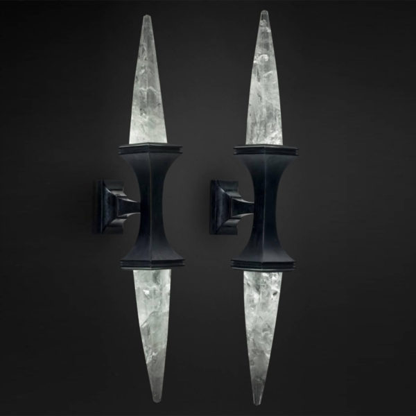 Handmade brass and rock crystal sconces designed by Alexandre Vossion