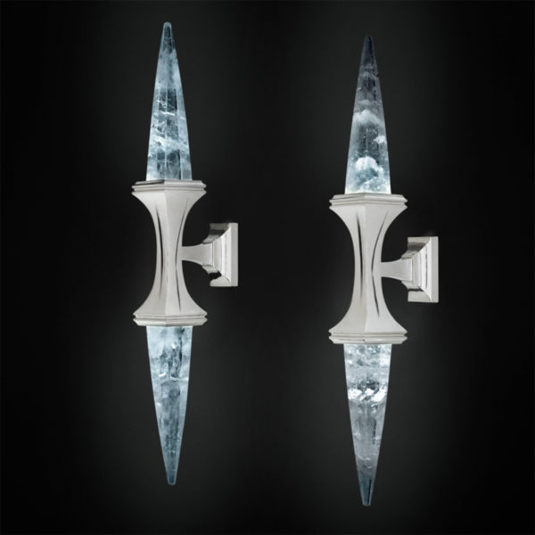 Handmade brass and rock crystal sconces designed by Alexandre Vossion