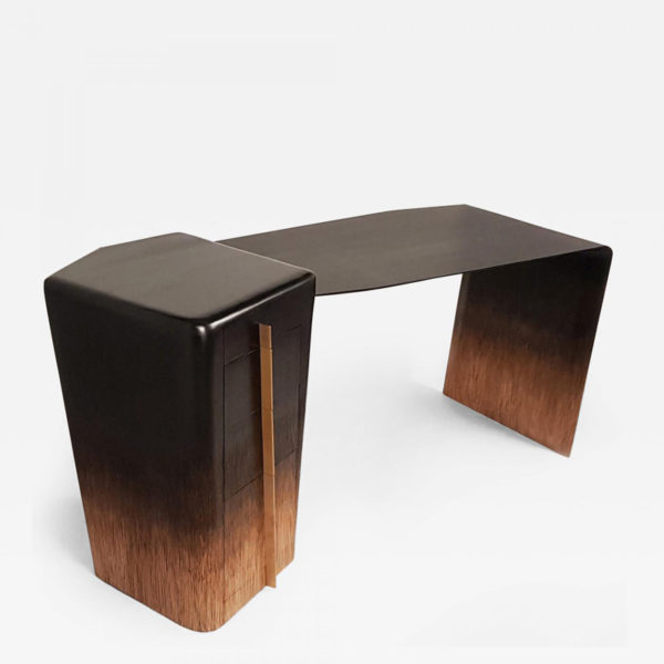 Solid oak desk tinted with Indian ink by Hoon Moreau, painter, sculptor and designer