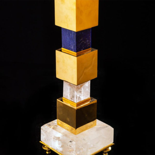 Pair of handmade brass and rock crystal lamps designed by Alexandre Vossion