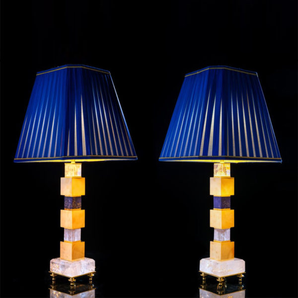 Pair of handmade brass and rock crystal lamps designed by Alexandre Vossion