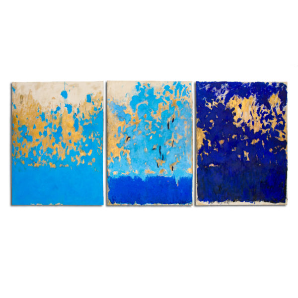 Abstract triptych paintings in acrylic, gilding and clay on linen canvas, signed Beatrice Pontacq, painter in Bordeaux