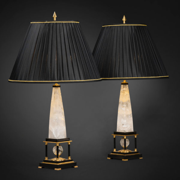 Pair of handmade brass and rock crystal lamps designed by Alexandre Vossion