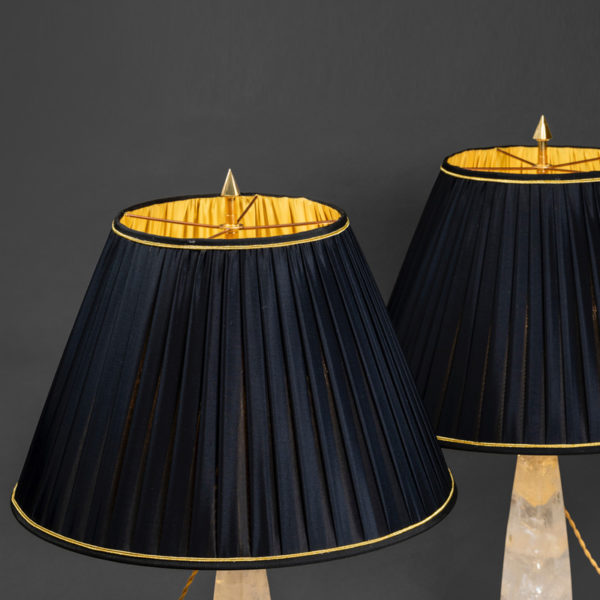 Pair of handmade brass and rock crystal lamps designed by Alexandre Vossion