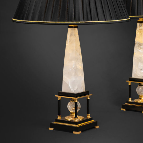 Pair of handmade brass and rock crystal lamps designed by Alexandre Vossion