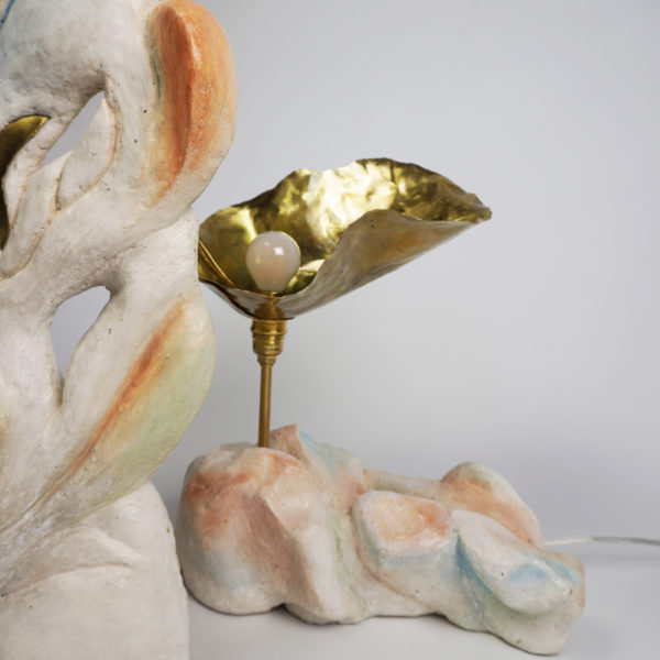 Poetic light sculpture in stucco, pigments and brass, signed Bella Hunt & DDC