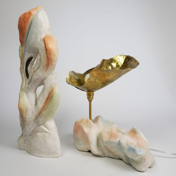 Poetic light sculpture in stucco, pigments and brass, signed Bella Hunt & DDC