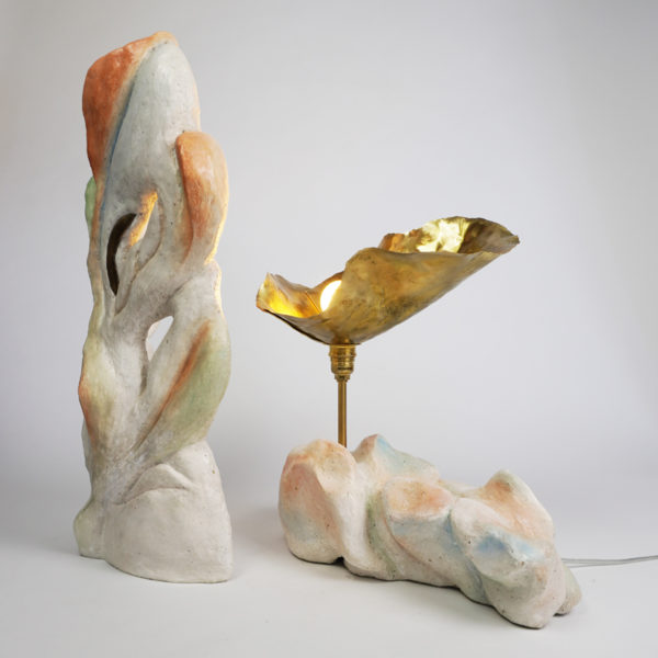 Poetic light sculpture in stucco, pigments and brass, signed Bella Hunt & DDC