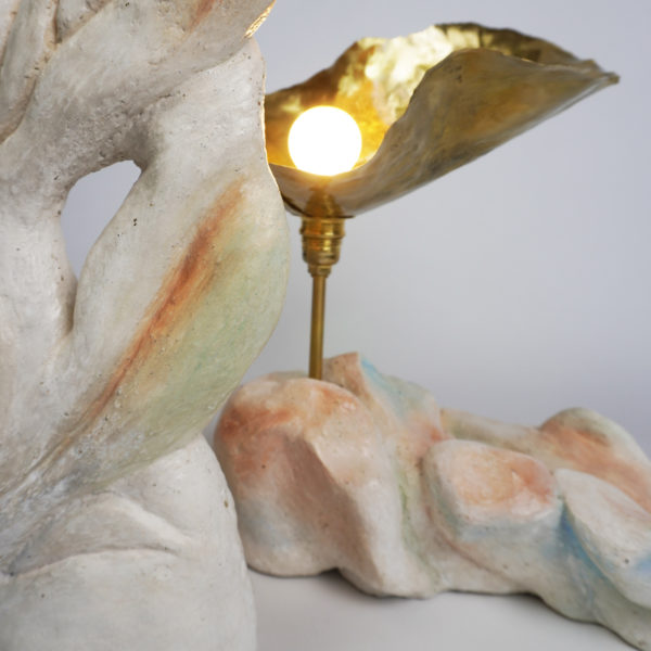 Poetic light sculpture in stucco, pigments and brass, signed Bella Hunt & DDC