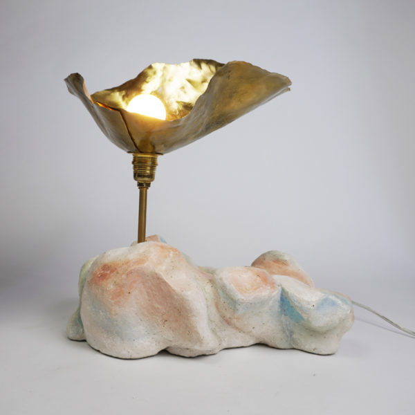 Poetic light sculpture in stucco, pigments and brass, signed Bella Hunt & DDC