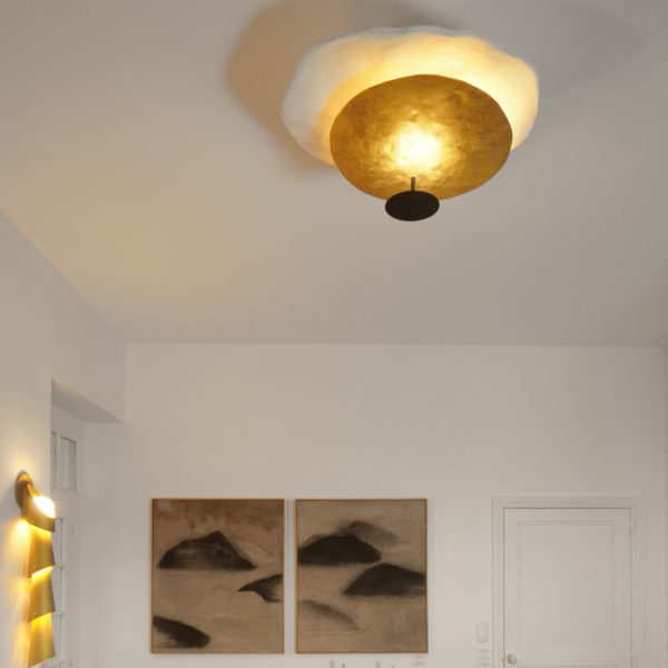 Original suspension in steel, gold leaf and plaster, signed Pierre Mounier, French designer based in Bordeaux