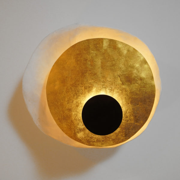 Original suspension in steel, gold leaf and plaster, signed Pierre Mounier, French designer based in Bordeaux