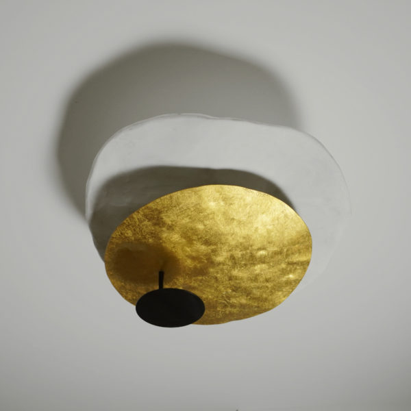 Original suspension in steel, gold leaf and plaster, signed Pierre Mounier, French designer based in Bordeaux