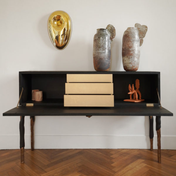 Cabinet with drawers in solid oak and bronze in solid oak and bronze signed Hoon Moreau, artist designer of furniture and exceptional objects
