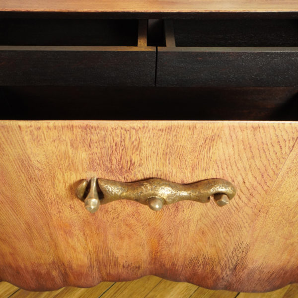 Bedside table in oak and bronze signed Hoon Moreau, artist designer of unique furniture in carved wood