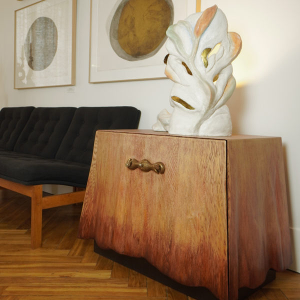 Bedside table in oak and bronze signed Hoon Moreau, artist designer of unique furniture in carved wood