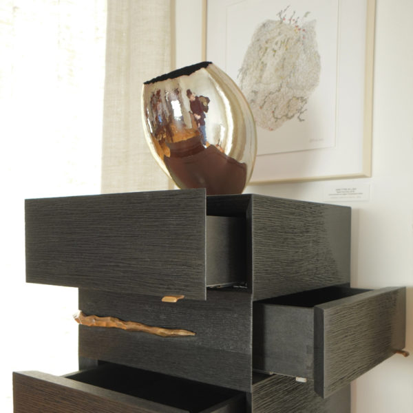 Cabinet column in solid oak and bronze signed Hoon Moreau, artist designer of furniture and exceptional objects