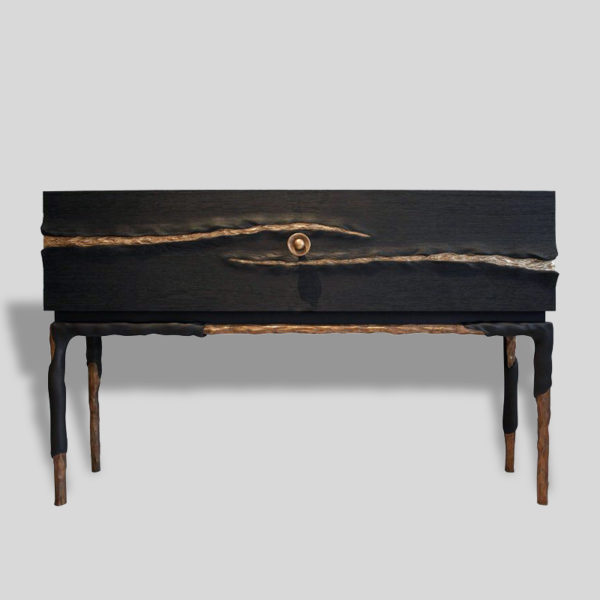 Cabinet with drawers in solid oak and bronze in solid oak and bronze signed Hoon Moreau, artist designer of furniture and exceptional objects