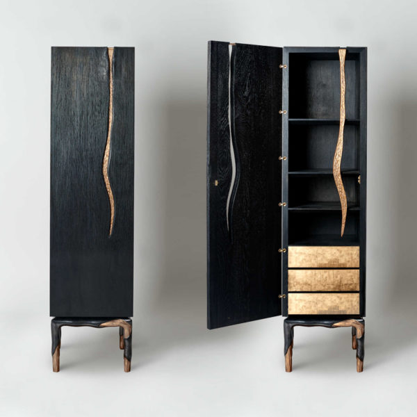 Cabinet column in solid oak and bronze signed Hoon Moreau, artist designer of furniture and exceptional objects