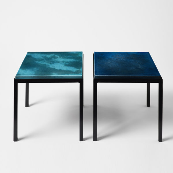 Square side table in black lacquered metal with blue top in glazed ceramic, by Gerard Simoën