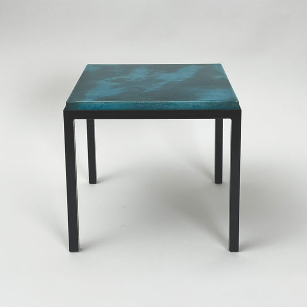 Square side table in black lacquered metal with blue top in glazed ceramic, by Gerard Simoën