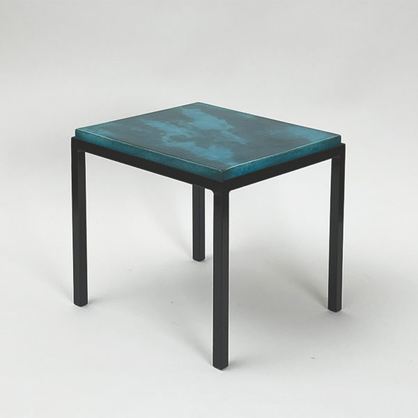 Square side table in black lacquered metal with blue top in glazed ceramic, by Gerard Simoën