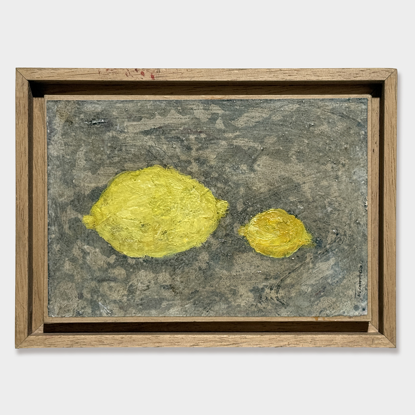 TWO LEMONS ON A GREY BACKGROUND