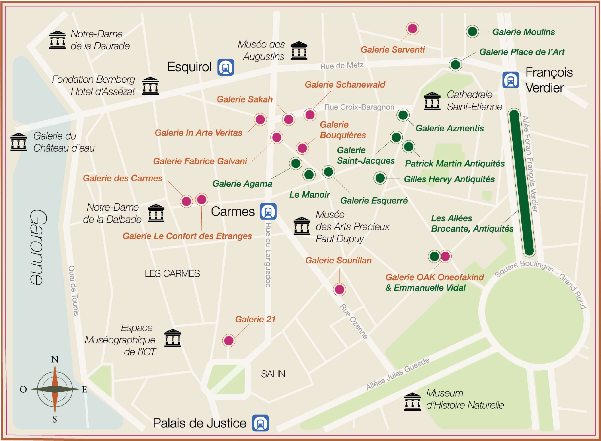 Plan des galeries d’art et antiquaires du quartier Saint-Étienne à Toulouse